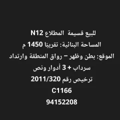 للبيع قسيمة المطلاع N12 المساحة 400م